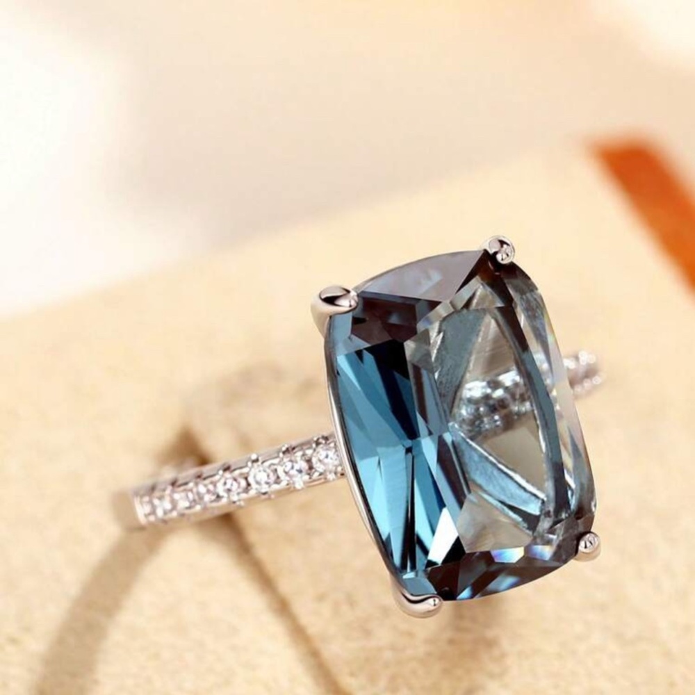 Blue Cushion-Cut Crystal Ring with Pavé Band